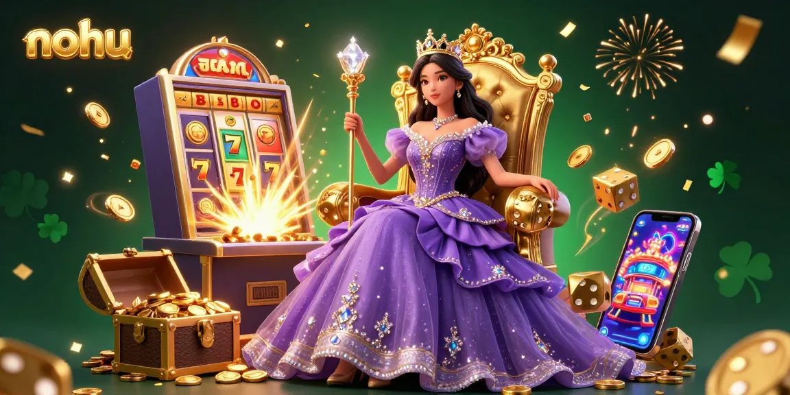 Nohu jackpot celebration with a beautiful Asian woman in a royal gown, winning coins and treasures.