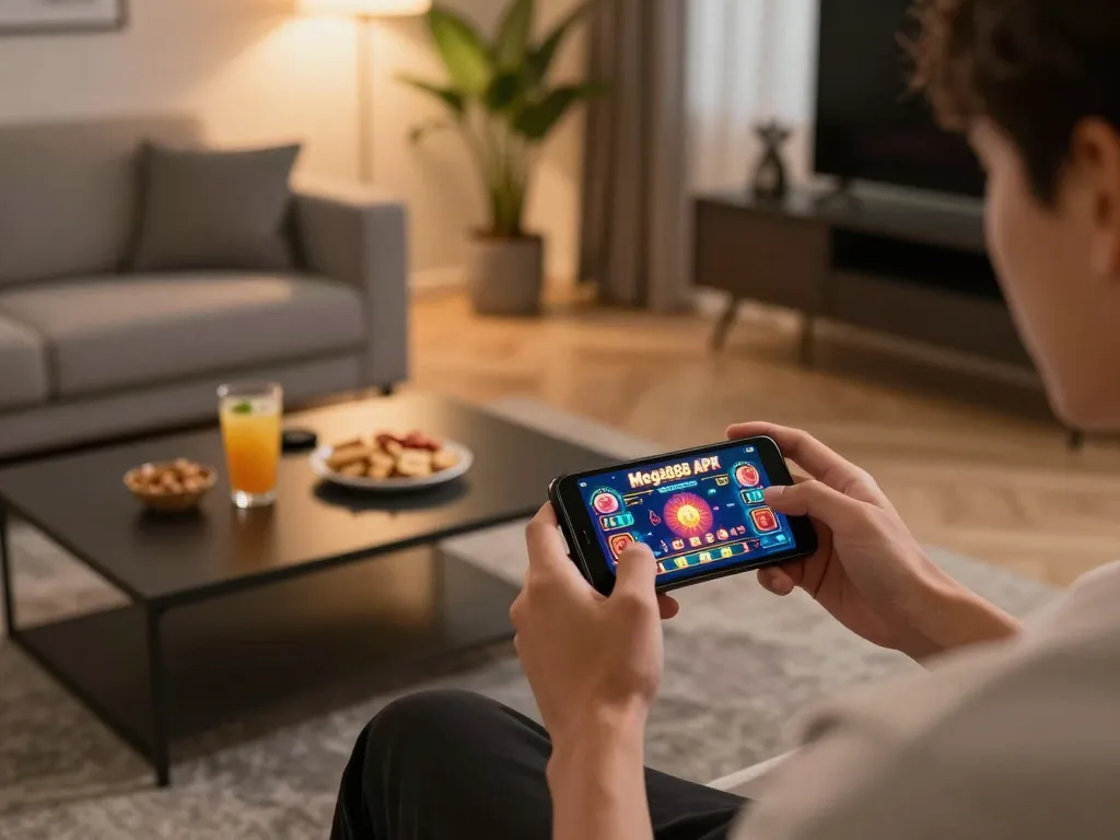 Engaging in exciting gameplay with Mega888 APK on a smartphone in a modern home setting.