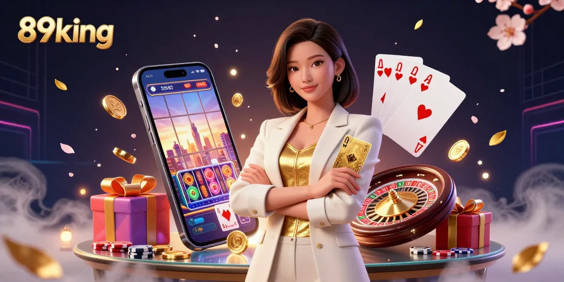 Experience jackpot thrills with 89king as a powerful businesswoman holds a golden deck of cards amid casino elements.
