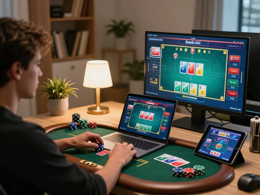 Player immersed in strategic online gambling at https://da88at.com/ with multiple screens displaying poker games.
