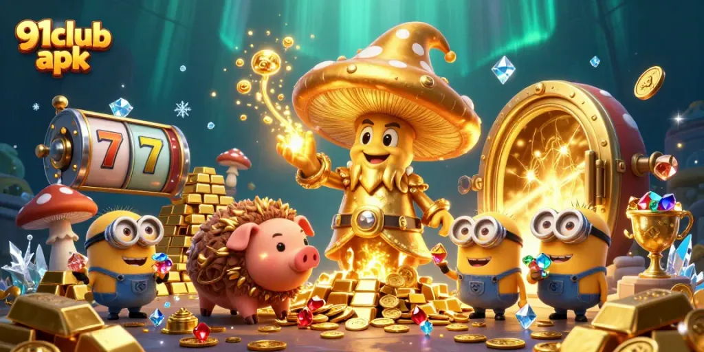 Engage with thrilling 91club apk adventures featuring a golden mushroom wizard casting magic in a vibrant casino scene.