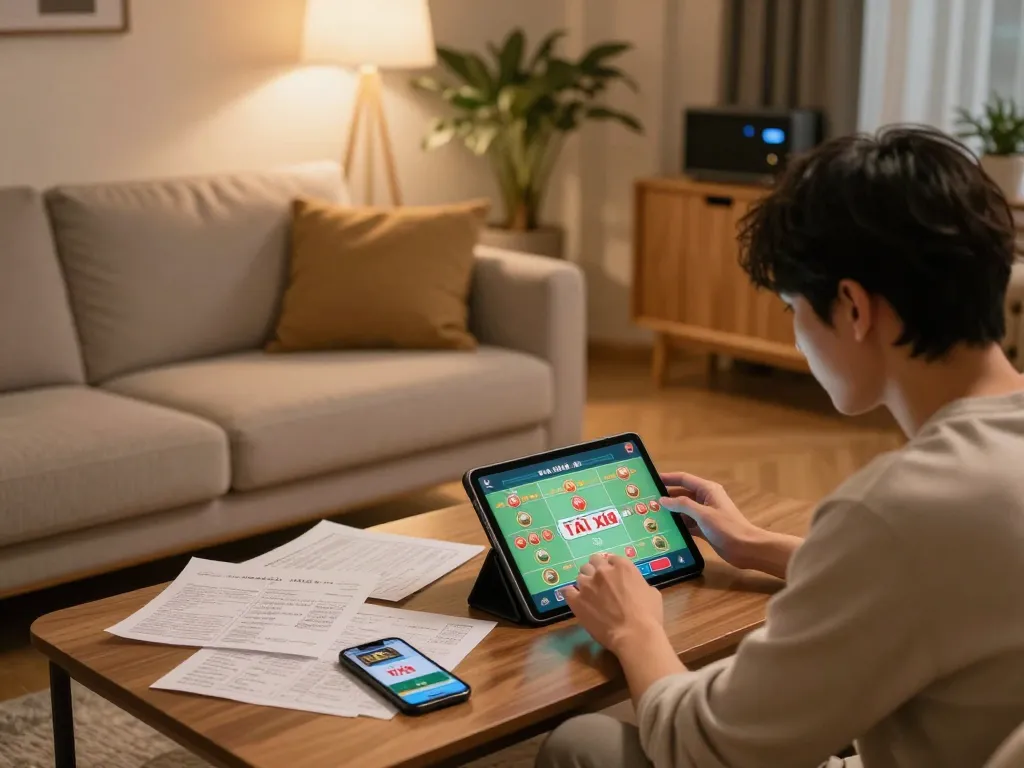Tài Xỉu gameplay on a tablet in a cozy home setting, showcasing strategy notes and smartphone.