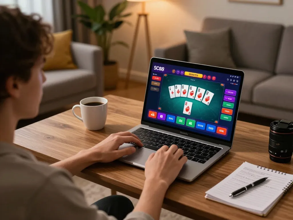 Engaging scene of a player enjoying SC88's online poker experience from a cozy home office setup.