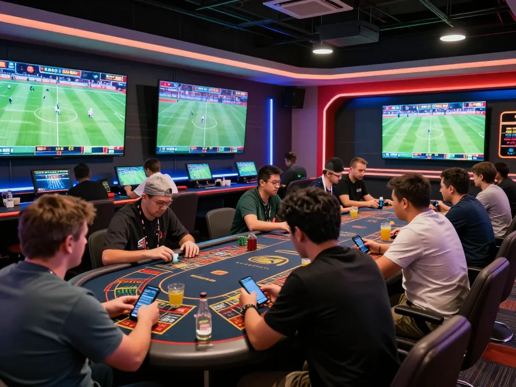 Dynamic scene of sports betting at lv88nyc with bettors analyzing odds on screens