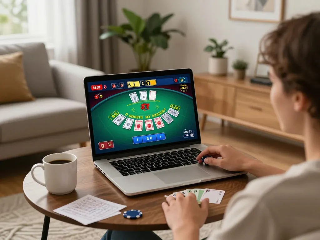 Player engaging in a live dealer game on vvvwin from a stylish home laptop setup.