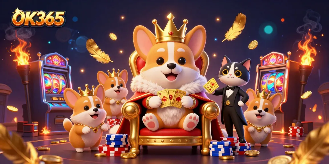 Join the excitement at OK365 with a royal-themed casino adventure featuring a corgi and engaging elements.