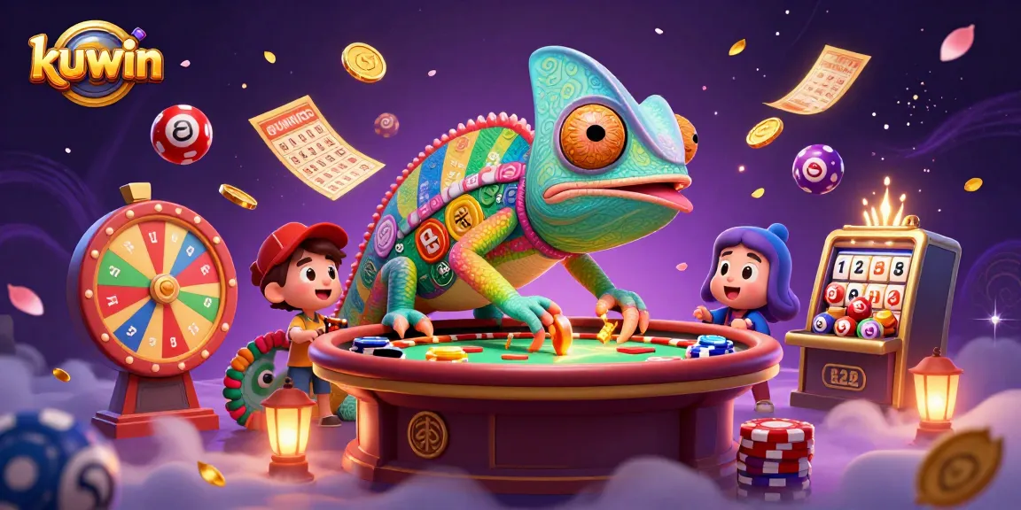 Kuwin casino owner chameleon celebrates wins with golden coins and dynamic lottery elements in a vibrant scene.
