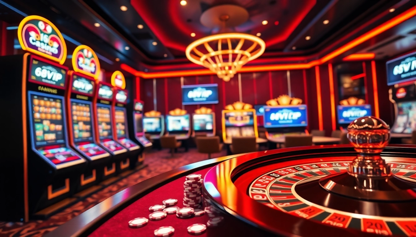 Experience the excitement of online gambling with 68VIP.COM casino, featuring vibrant slot machines and a roulette wheel.