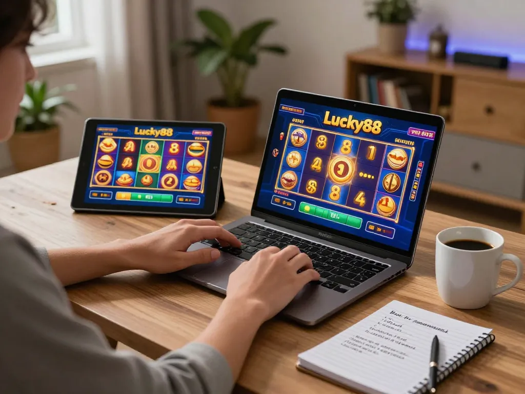 Engaged player experiencing Lucky88 slot games on a cozy home gaming setup.