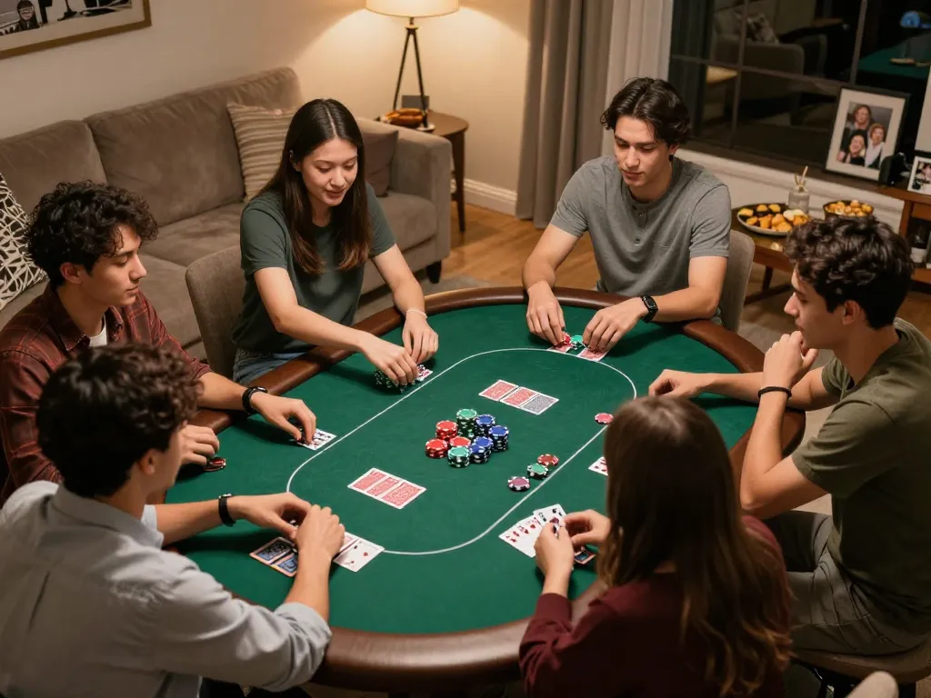 Friends enjoying a poker night at home, highlighting strategic gameplay with 789win involved.