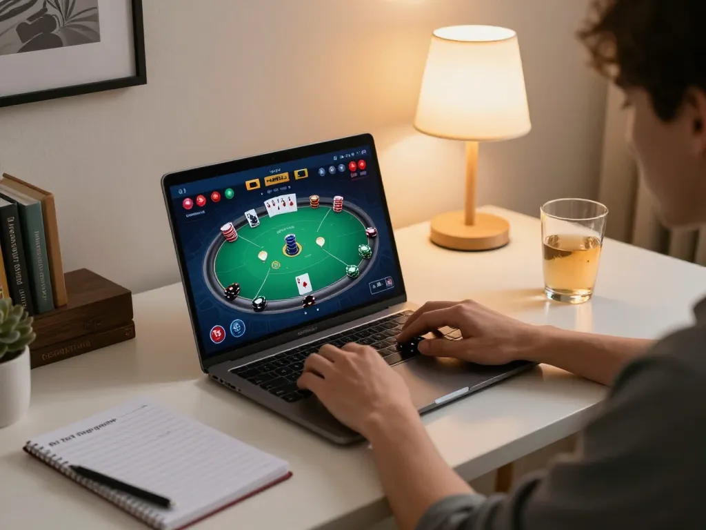 Fabet player engaged in an online poker game at home, showcasing strategy notes and cozy setup.