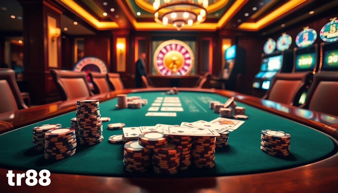 Players engaged in a high-stakes poker game at TR88 casino, surrounded by chips and cards.