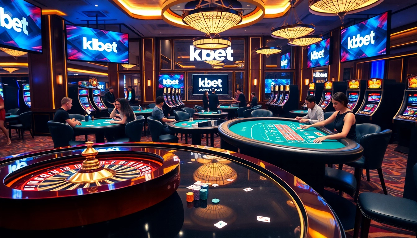 A vibrant and luxurious casino environment showcasing kbbet's gaming experience with players enjoying table games.