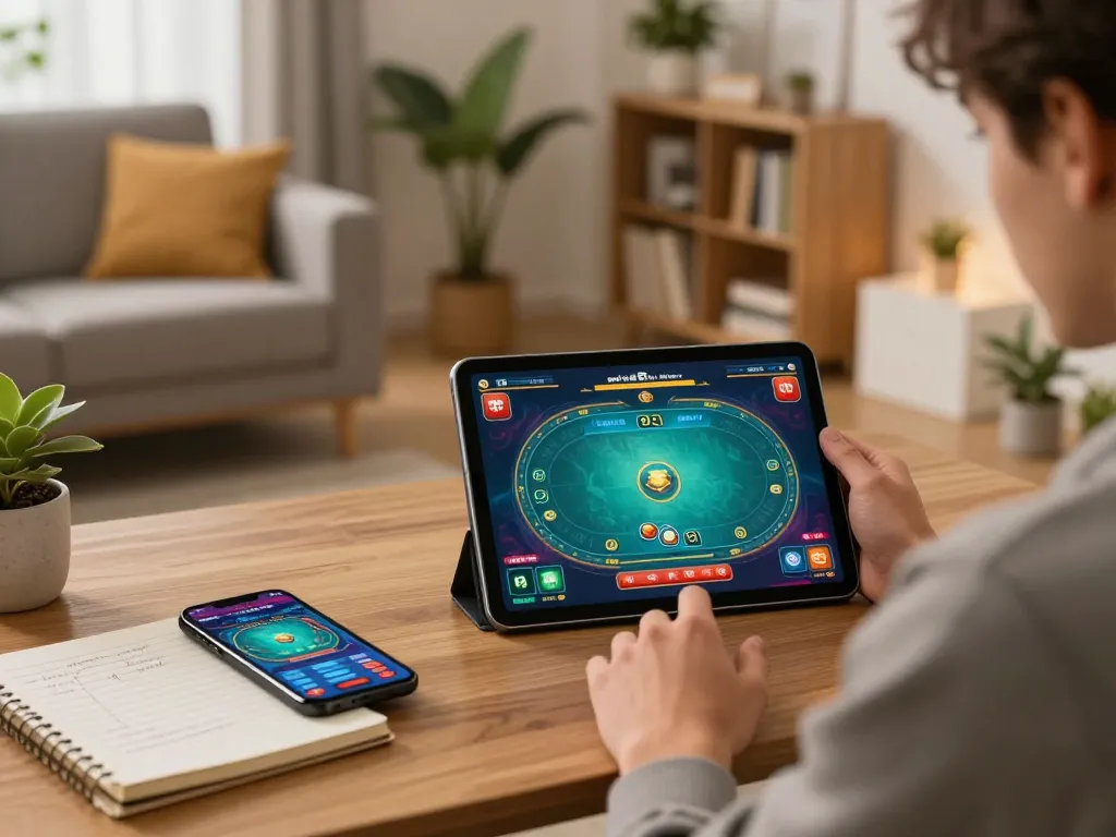 Player enjoying online poker on 58wiin tablet in cozy living room setup