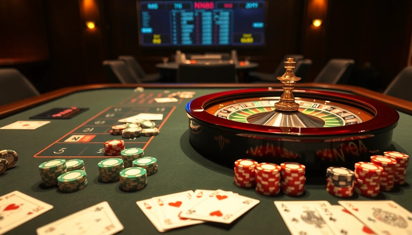 Experience the thrill of gambling at nn88 with a vibrant casino atmosphere, featuring roulette, cards, and poker chips.