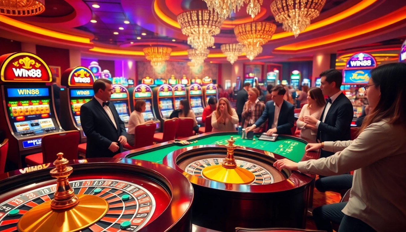 Experience the thrill of win88 at a luxurious casino filled with vibrant roulette and slot machines.