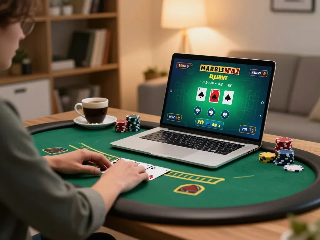 Person playing blackjack on laptop with chips and cards, highlighting sc88 online gaming experience