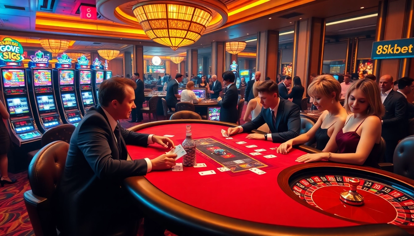 Players engaged in a high-stakes poker game at 8kbet casino, showcasing luxury and excitement.