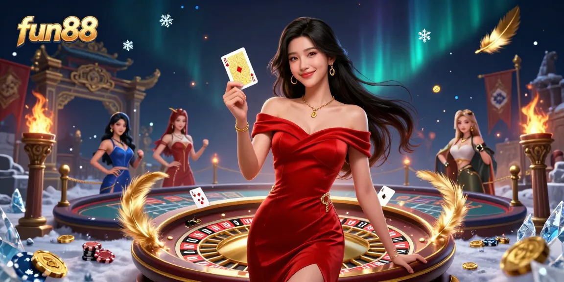 Experience the thrill of fun88 with a beautiful dealer showcasing poker excitement in a vibrant casino scene.