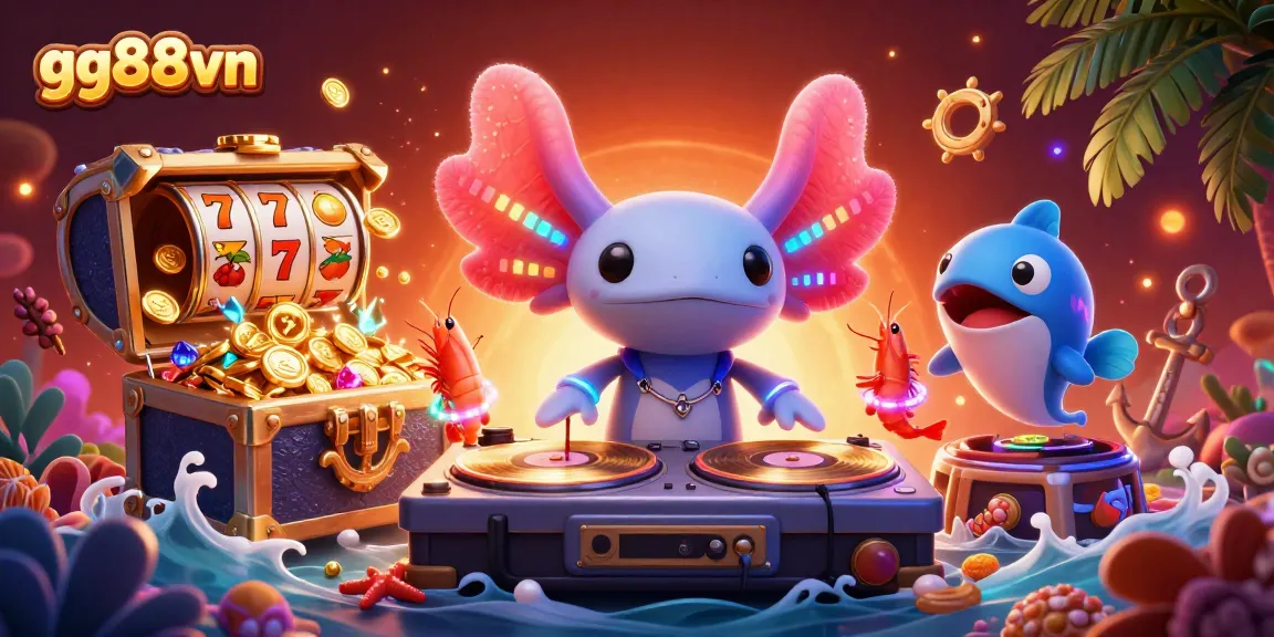 Experience the excitement of winning at gg88vn with a vibrant underwater casino scene featuring a DJ, dancing shrimp, and slot reels.