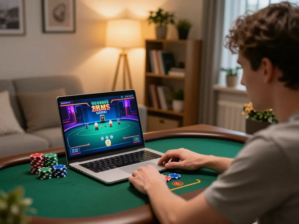 Onbet player engaging in online poker game at home, capturing strategic gameplay.