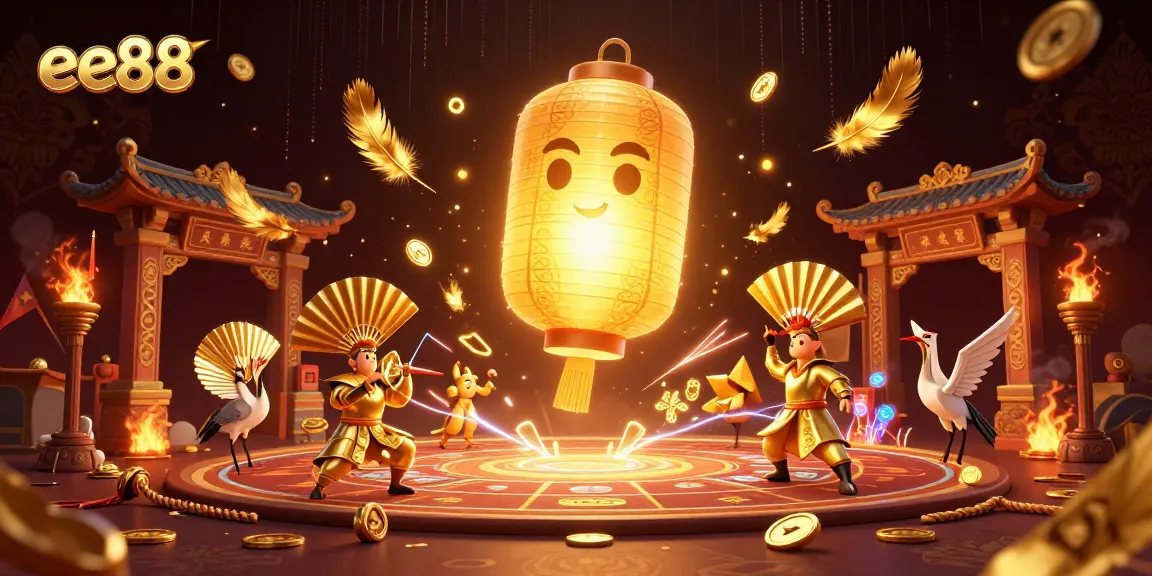 Experience the vibrant energy of ee88 with a 3D illustration featuring lucky symbols amid a bustling casino.