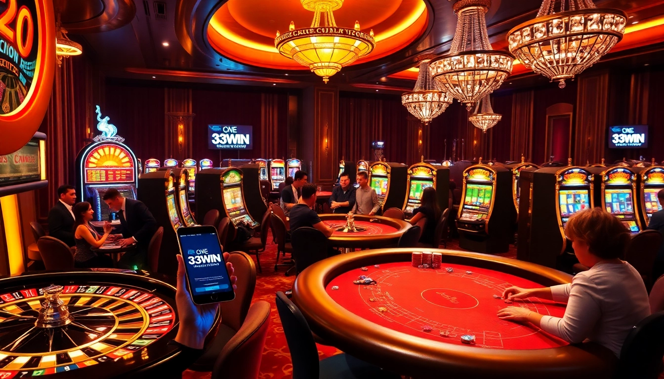 Players enjoy the excitement of games at 33WIN casino, showcasing slots, poker tables, and roulette.