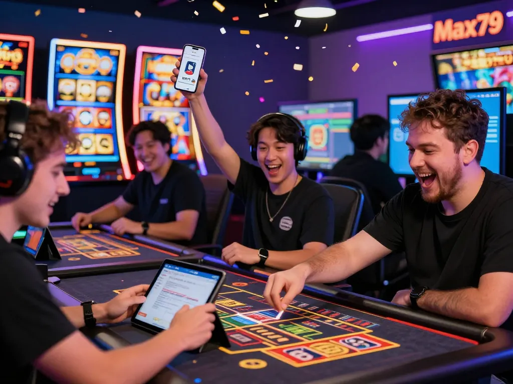 Players thrilled by max93 live casino games at Max79, featuring exciting gaming setups and celebratory moments.