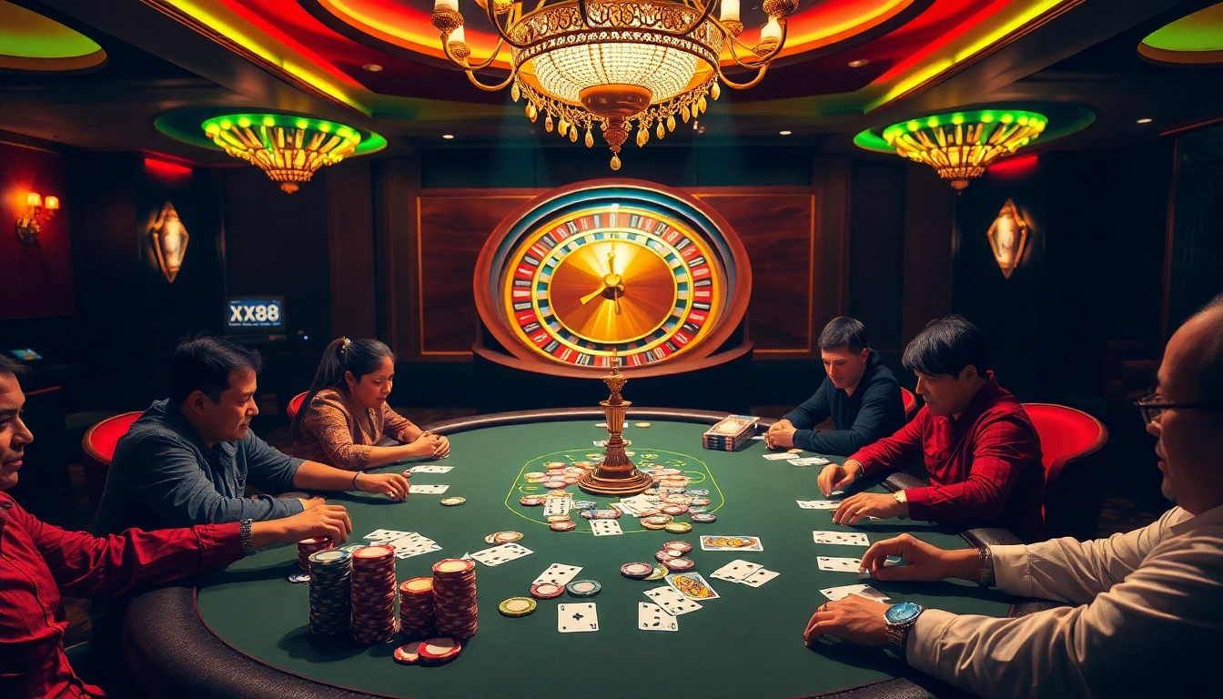 Engaged players at a luxurious XX88 casino poker table, showcasing an exciting gambling atmosphere.