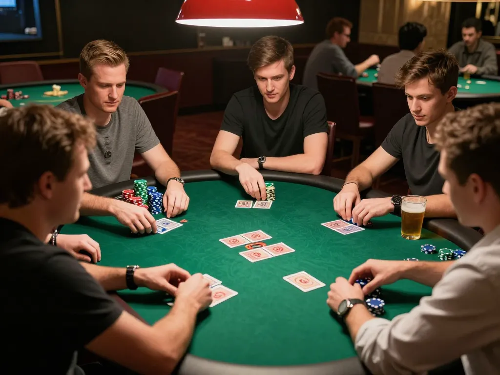 Players competing at KO66 poker table with focus and excitement, showcasing strategic gameplay.