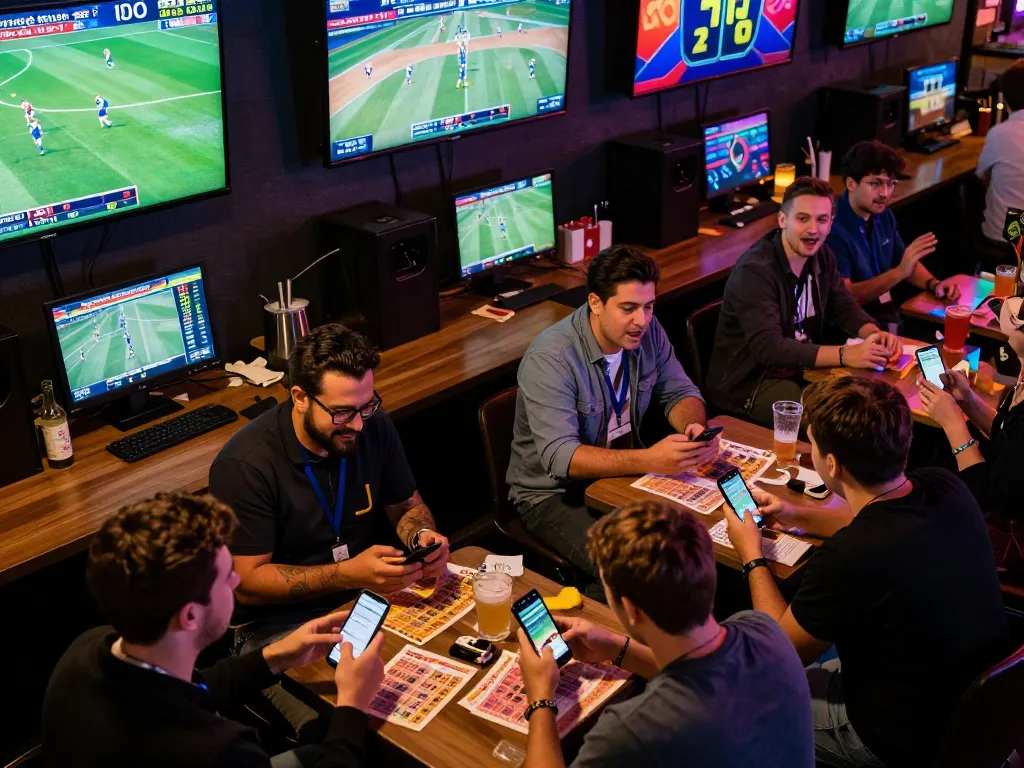 Tỷ lệ kèo nhà cái displayed on screens as enthusiastic bettors engage in sports betting