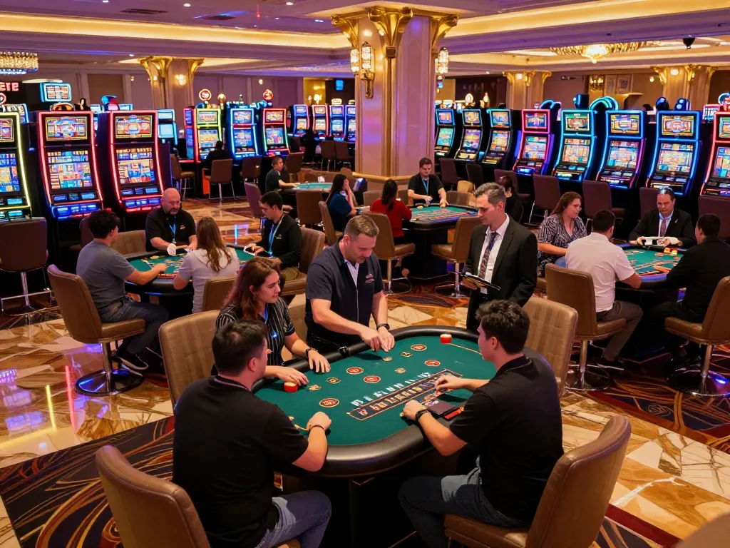 Players excitedly engaged at tablepremierr blackjack tables in a dazzling Las Vegas casino setting.