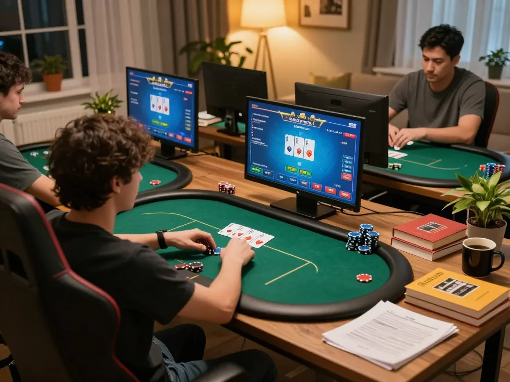 Kaya88 players engaged in a strategic online poker game at home, showcasing vibrant gaming interfaces and cozy atmosphere.