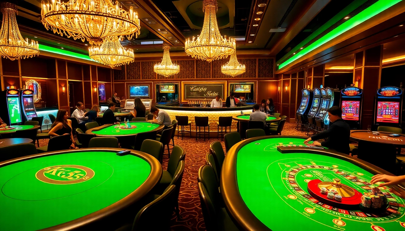 KK55 casino tables with players showcasing excitement and luxury in gambling games.