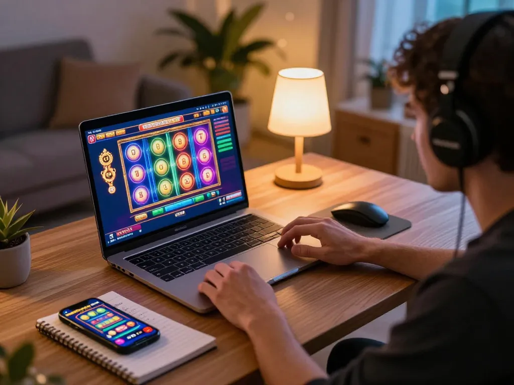 Engaging online gaming scene featuring a player using a laptop for Zowin casino experience, showcasing spinning slot reels.
