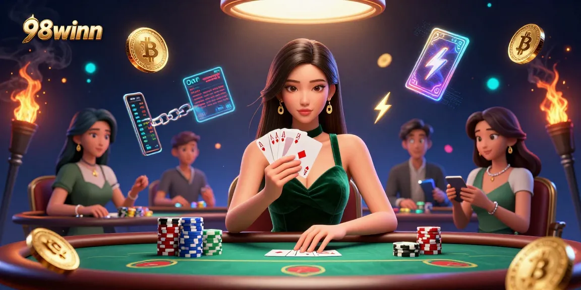 98winn showcases an elegant poker scene with a beautiful Asian woman focused on her cards, surrounded by glowing crypto elements.