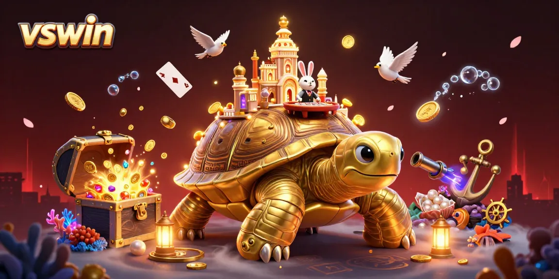Join the vibrant action at vswin with a golden tortoise casino and rabbit dealer amidst treasures!