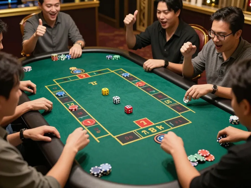 Tài Xỉu dice rolling on a vibrant casino table with players engaged in bets and cheers