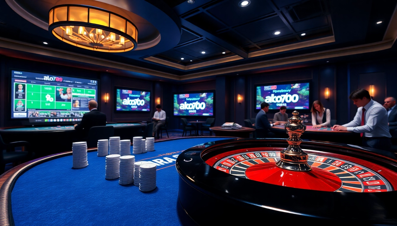 Experience the thrill of alo789 with vibrant casino action, featuring poker tables and roulette wheels.