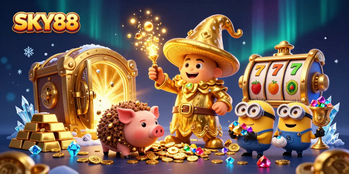 Engage with SKY88 and win treasures in a vibrant, magical casino scene featuring dynamic elements.