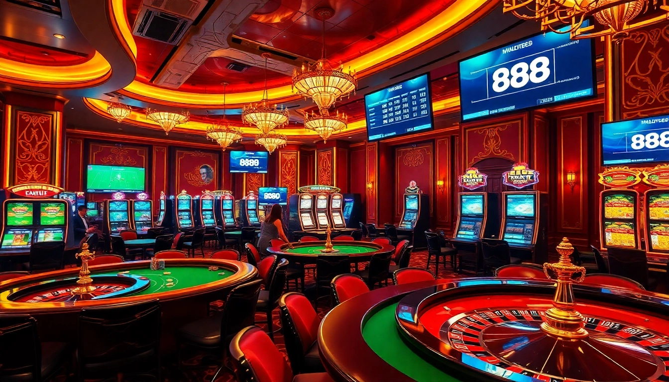 Players enjoying exciting games at 888P, surrounded by poker tables and slot machines in a luxurious casino.
