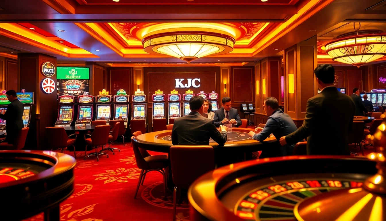 KJC branding at a luxurious casino with players at a poker table and a spinning roulette wheel.