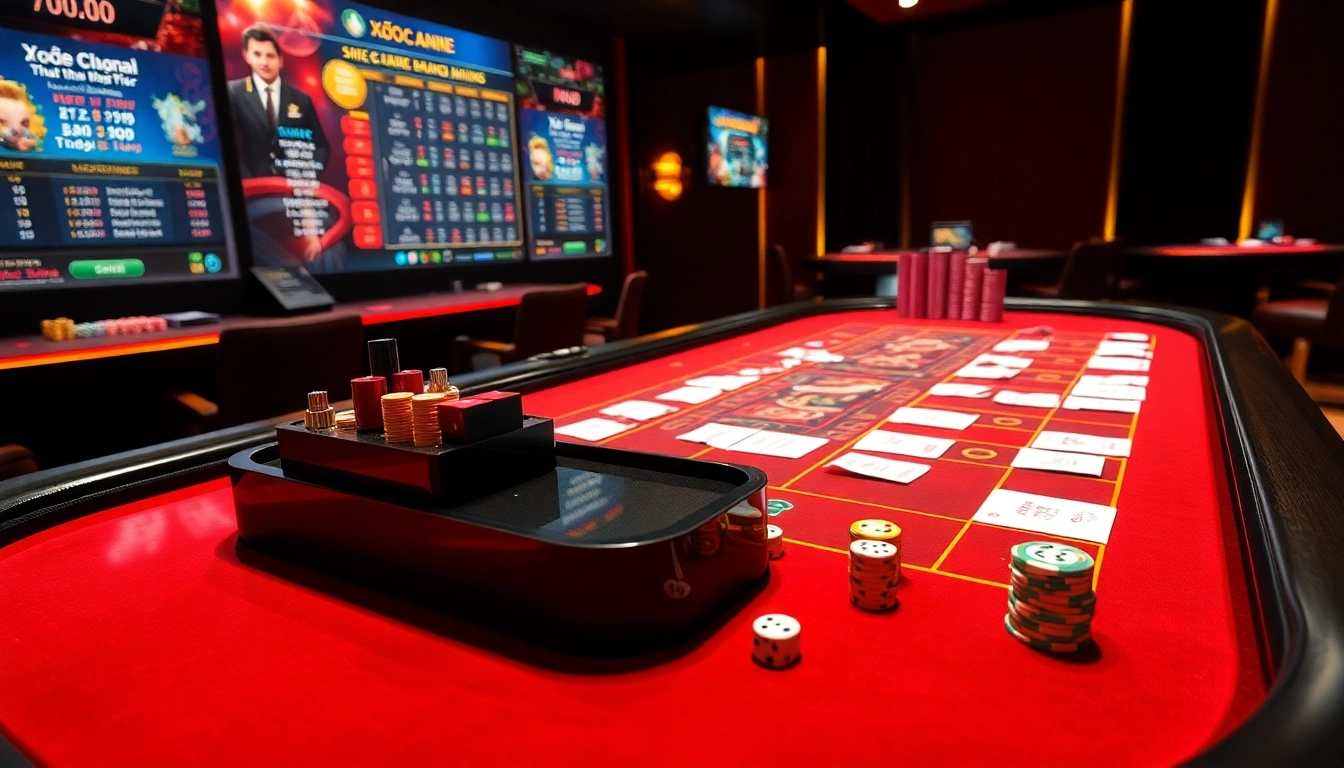 Xóc đĩa online game table displaying vibrant chips and betting slips in a lively casino.