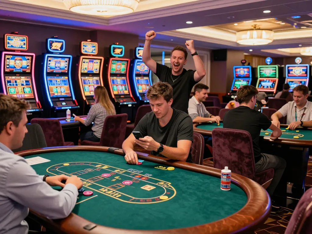 Engaging gaming scene at K88 with diverse players in a modern casino atmosphere