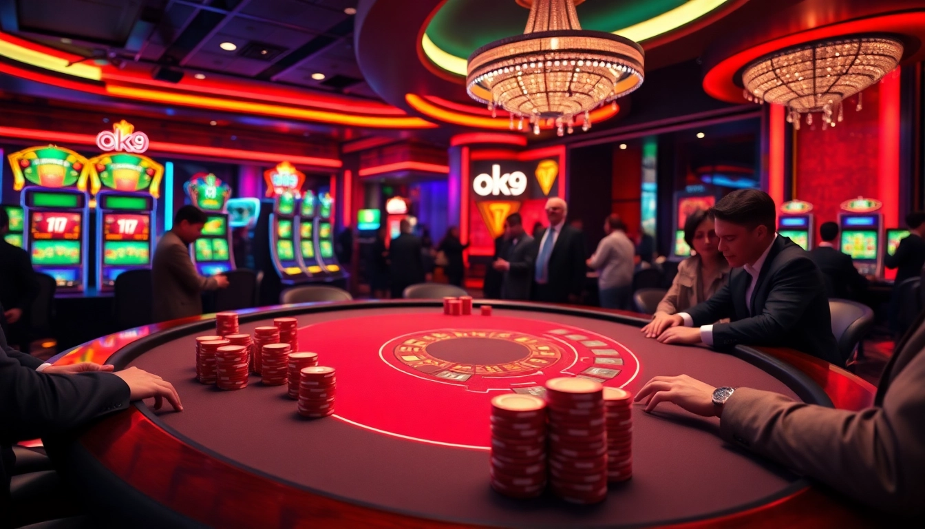 Participate in thrilling gambling action at OK9, featuring a vibrant casino scene with immersive gaming tables.