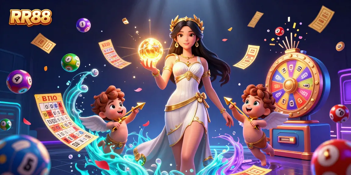 Experience the thrill of RR88 with vibrant gaming elements and a stunning goddess in 3D.