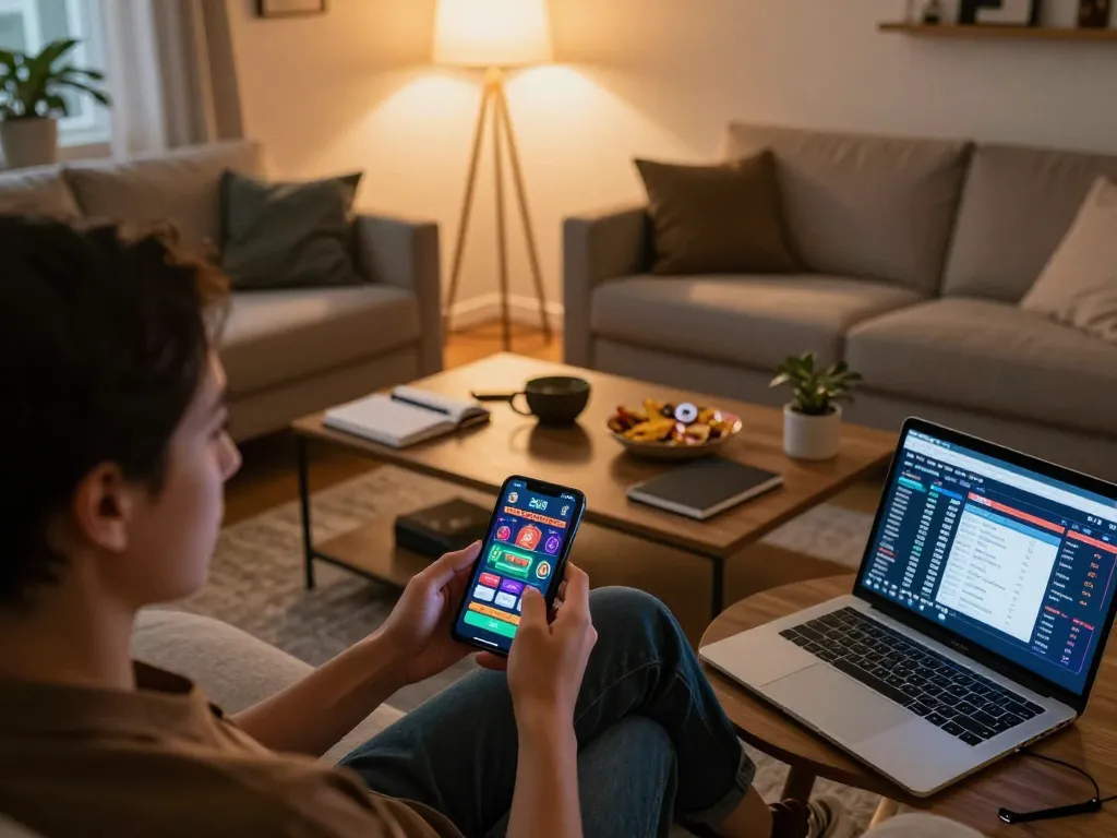 Engaging with the 33WIN casino app on a smartphone at home, surrounded by gaming strategy notes and ambient lighting.