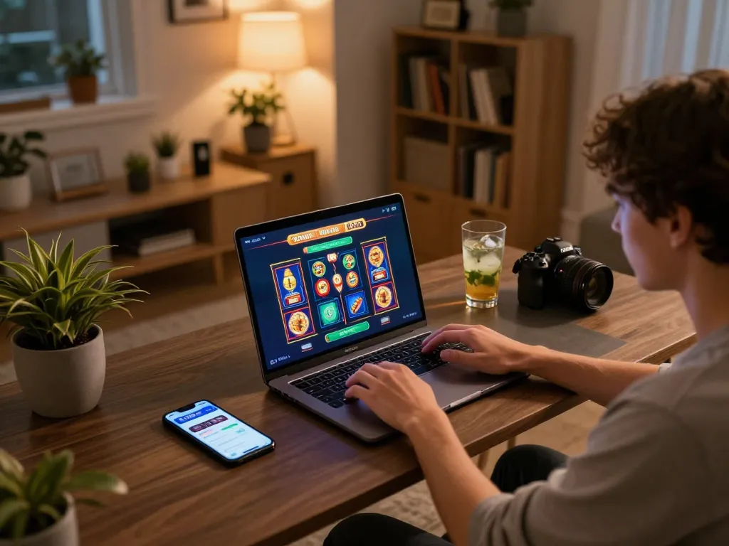 Engaging with F8BET slots on a laptop in a cozy home gaming setup, showcasing responsible entertainment.