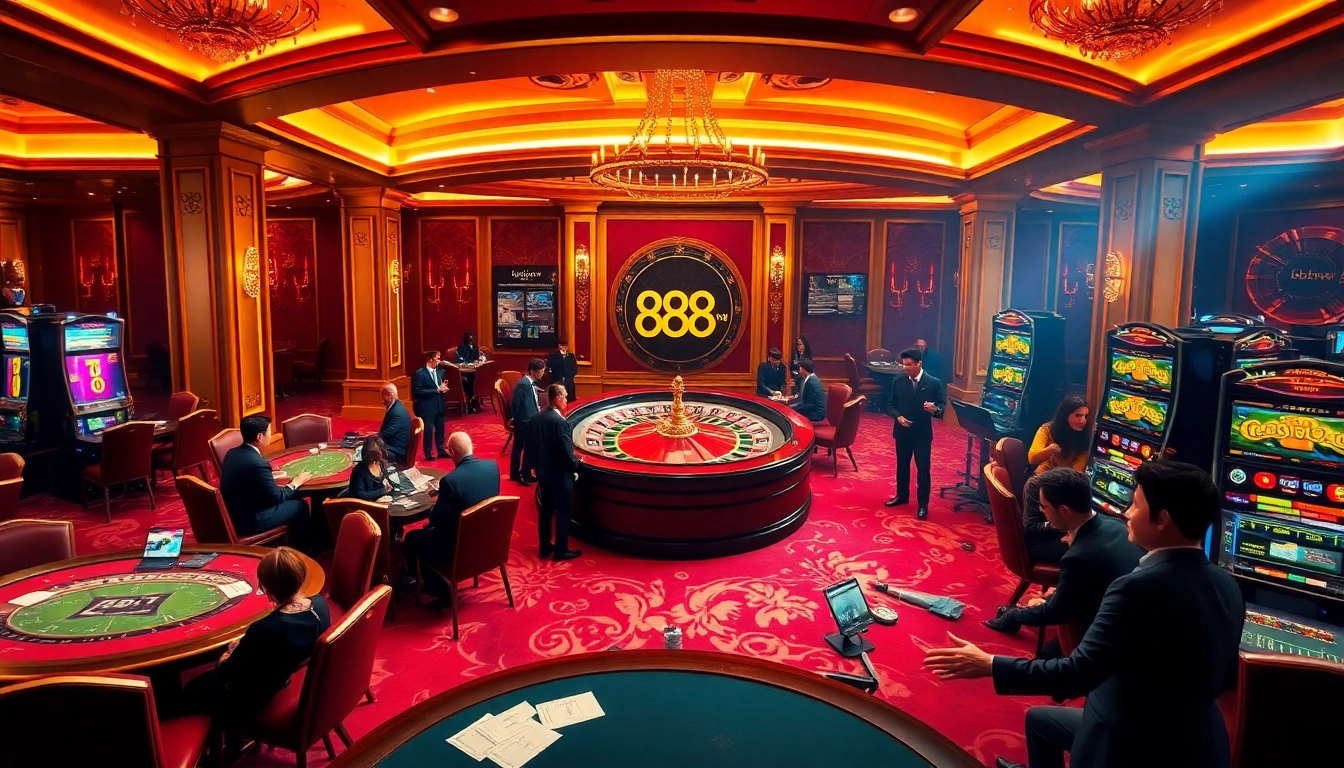 Experience the thrill of 888new with a vibrant casino scene featuring roulette wheels, poker tables, and excited players.