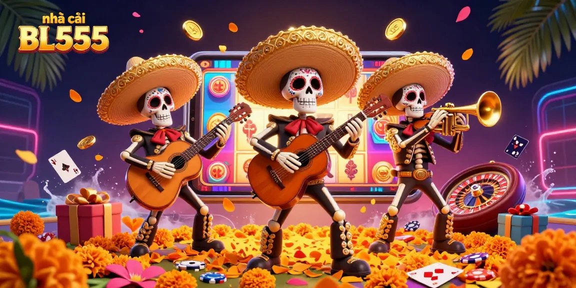 Experience the excitement at nhà cái BL555 with vibrant gaming elements and a festive mariachi atmosphere.